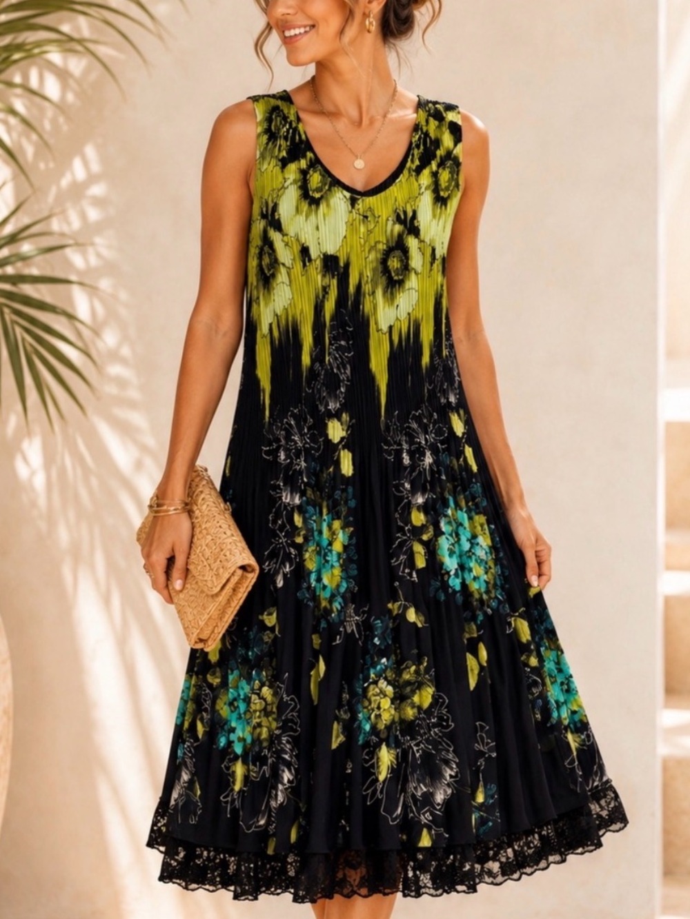 Veeca Pleated Floral Midi Dress Artsy Boho Sleeveless Stretch Medium